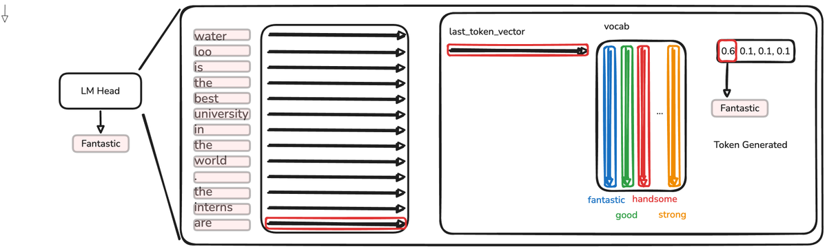 LM head maps final hidden states to vocabulary logits; decode uses the last position
