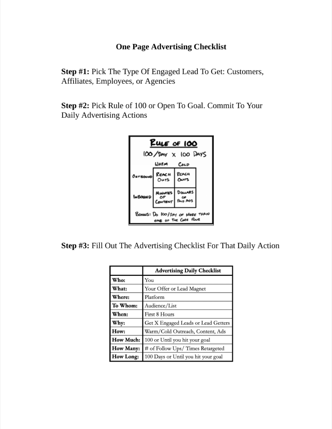 One-page advertising plan