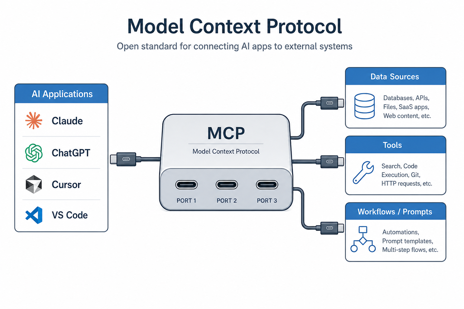 MCP connects AI applications to data sources, tools and workflows — Source: Model Context Protocol