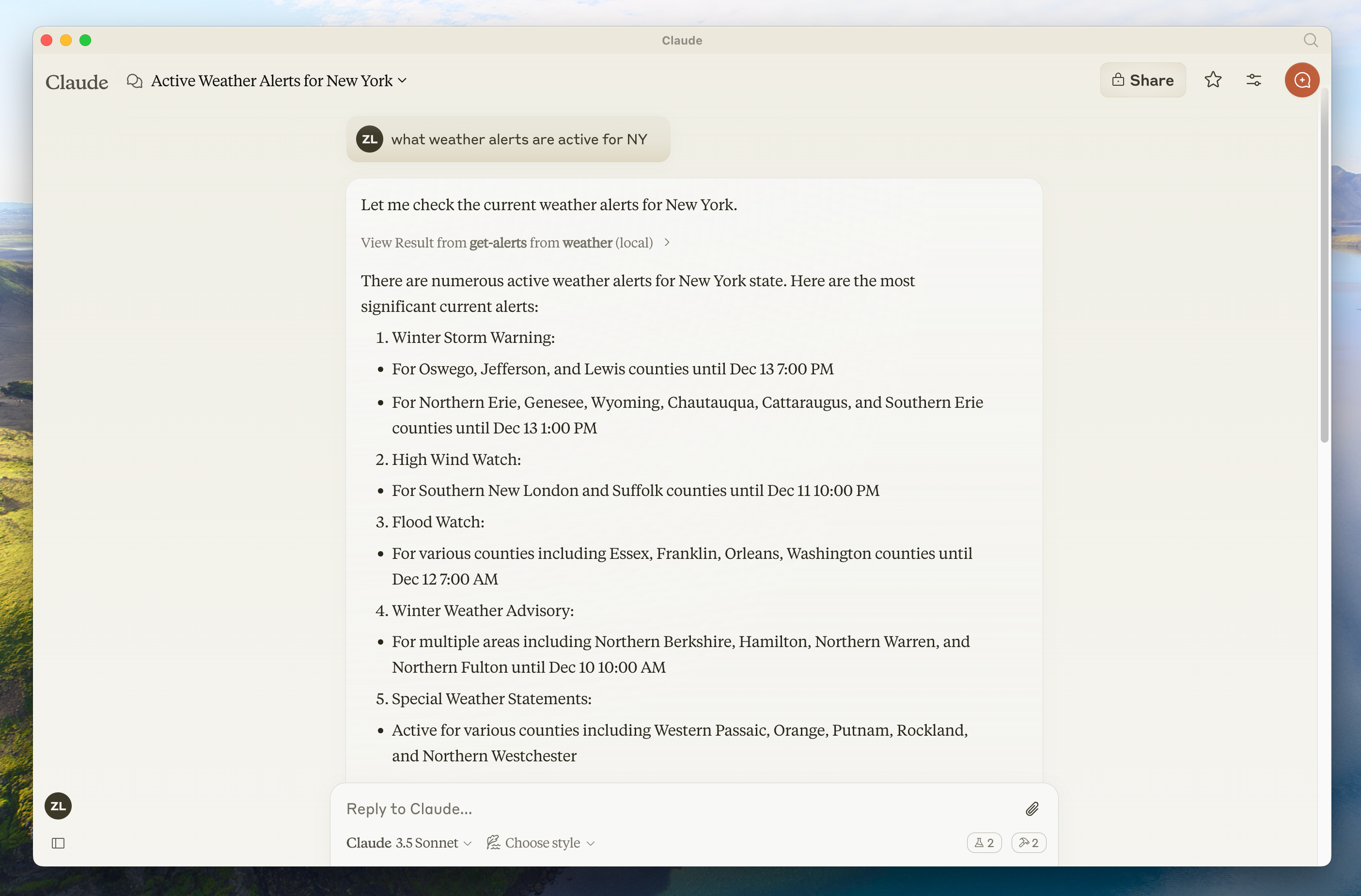 Weather alerts example from the official server tutorial — Source: MCP docs